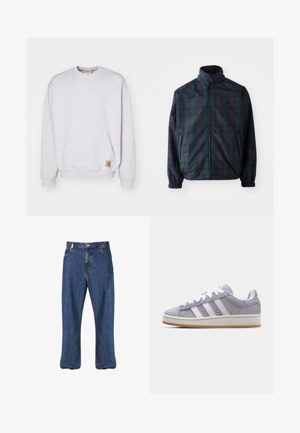 Carhartt WIP REVERSIBLE PLANER JACKET - Chaqueta de entretiempo - force blue/black; Carhartt WIP BILLY - Sudadera - ash heather; Vaqueros de mezclilla en azul oscuro, con un diseño de pierna recta, estilo clásico de cinco bolsillos y costuras visibles a lo largo de las costuras.; Zapatillas de ante gris con rayas blancas, punta redonda y suela de goma. Presentan perforaciones en el lateral y una lengüeta texturizada en el talón.