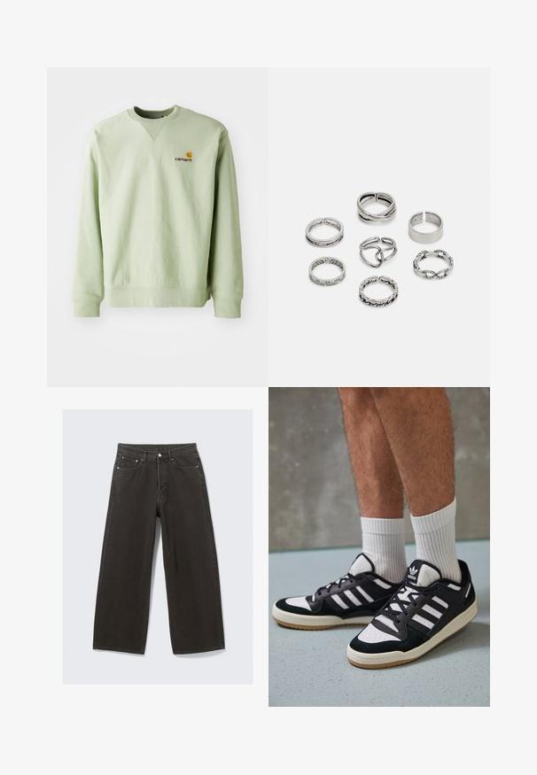 Carhartt WIP REVERSIBLE PLANER JACKET - Mezisezónní bunda - force blue/black; Svetle zelená mikina vyrobená z bavlněné směsi. Má vroubkované manžety a spodní lem, s malým vyšívaným logem na hrudi. Jednoduchý design, kulatý výstřih.; Džíny s širokými nohavicemi černé barvy mají vysoký pas, design s pěti kapsami a zapínání na knoflíky. Tkanina má jemný a strukturovaný povrch.; Černobílé tenisky s vrchní částí z semišové a kožené kůže, včetně tří bílých pruhů, perforovaného špičky a podrážky z gumy.; Sada sedmi stříbrných prstenů s různými vzory, včetně zamotaných, propletených a rytých motivů. Různé tvary a šířky.