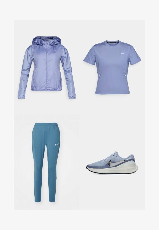 Gaisms, kapuces jājakas gaiši purpursarkanā krāsā ar gludu, spīdīgu tekstūru. Piedurknēs ir punktiņu raksts un priekšējais rāvējslēdzējs.; Sīku piedurknēm sporta krekls gaiši purpura audumā, ar apaļu kakla izgriezumu un mazu baltu Nike logo kreisajā krūtī.; Zilas sporta bikses ar pieguļošu piegriezumu, elastīgu jostu un mazo balto Nike logotipu kreisajā augšstilbā. Gluda, viegla auduma materiāls.; Gaiši zila un balta Nike skrienošā apavi ar sudraba Swoosh logotipu, elpojošs sietiņaudums augšdaļā, mīksta zole un melna ārējā zole.