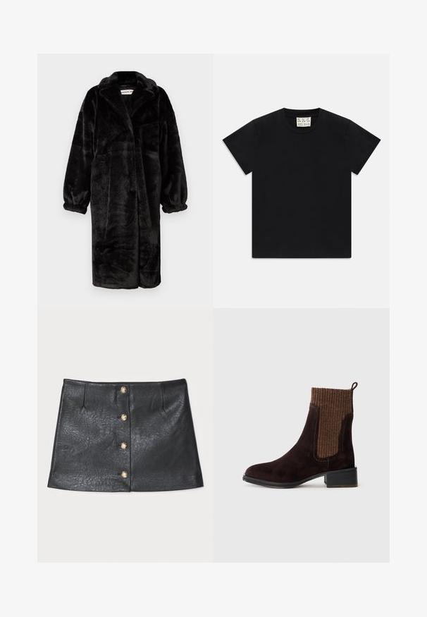 Schwarzer Kunstpelz-Mantel mit lockerer Passform, weiten Ärmeln und großen Revers, ausgestattet mit einer weichen, strukturierten Oberfläche und einem offenen Design.; Schwarzes Kurzarm-T-Shirt mit Rundhalsausschnitt und einem weißen Etikett im Kragen, darauf steht "D.R.C. EST. 2002", vor einem weißen Hintergrund.; Schwarzer Leder-Minikilt mit einem eleganten Design, vorderem Knopfverschluss mit goldenen Akzenten und strukturierter Oberfläche mit sanftem Glanz.; Braune Wildleder-Stiefelette mit einem strukturierten braunen Rippstrick-Obermaterial, glatter Oberfläche, niedrigem Blockabsatz und Zuglasche an der Ferse für einfaches Anziehen.