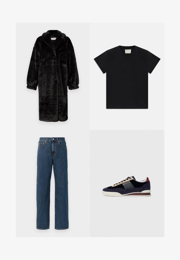 Czarny płaszcz z futra ekologicznego o luźnym kroju, szerokich rękawach i dużych wyłogach, z miękką, teksturowaną powierzchnią oraz otwartą konstrukcją z przodu.; Czarny t-shirt z krótkim rękawem i okrągłym dekoltem, z białą metką wewnątrz kołnierza oznaczoną "D.R.C. EST. 2002" na białym tle.; Granatowe dżinsy o prostym kroju. Posiadają pięć kieszeni, delikatne detale szycia oraz zapięcie na guzik w pasie.; Granatowe zamszowe sneakersy z beżowymi i ciemnoniebieskimi akcentami. Posiadają białą gumową podeszwę i złote logo na boku. Klasyczny sportowy design.