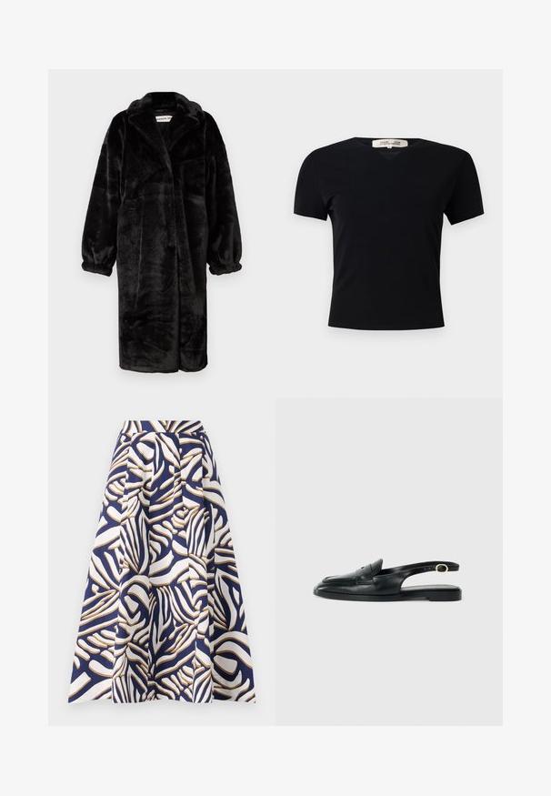 Palton negru din blană artificială, cu o croială lejeră, mâneci largi și rever mari, având o suprafață moale și texturată și un design cu fața deschisă.; Tricou negru, cu mânecă scurtă, de tip V, confecționat dintr-un material neted și elastic. Prezintă o siluetă simplă, clasică, fără embellishments.; O fustă până la genunchi din bumbac, cu un fundal bleumarin și modele abstracte îndrăznețe în alb și auriu; designul plisat adaugă volum.; Pantofii slingback din piele neagră au vârful rotund, talpa plată, decupaj lateral și un breteau cu detalii din metal cu ton aurie.