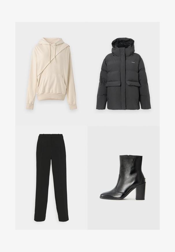 Čierna zateplená zimná bunda s kapucňou, prednými vreckami na klopu a celým zipsom, vystavená na jednofarebnom bielom pozadí.; Béžová mikina vyrobená z mäkkej tkaniny. Obsahuje diagonálne šité akcenty, predné vrecko a rebrované manžety a lem.; Čierne elegantné nohavice s rovnými nohavicami, vyznačujúce sa vysokým pásom, záhybmi a hladkou textúrou látky.; Čierna kožená kotníková obuv s hladkým povrchom, špicatou špičkou a masívnym vysokým podpätkom. Zdobená bočným otvorom a minimalistickým dizajnom.