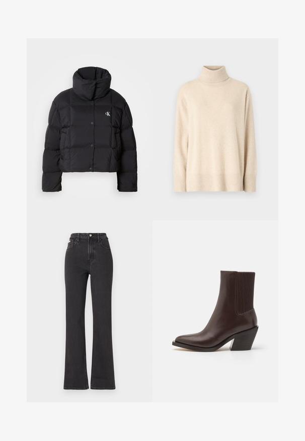 Black puffer jacket with a cropped design, high collar, and button closure. Made from glossy, insulated material featuring quilted sections.; Beige turtleneck sweater made of soft fabric, featuring a ribbed collar and cuffs, with a relaxed fit and straight hem.; Black high-waisted flared jeans made of denim, featuring a button closure, belt loops, and side pockets. Smooth texture with minimal fading.; COACH PRESTYN BOOTIE - Cowboy/biker ankle boot - maple