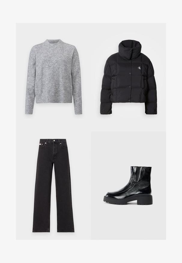 Black puffer jacket with a cropped design, high collar, and button closure. Made from glossy, insulated material featuring quilted sections.; Gray sweater made of soft knit material, featuring a crew neckline and long sleeves with ribbed cuffs and hem. No patterns or accents.; Black wide-leg jeans made of denim, featuring a high-rise waist, five-pocket styling, and a metal button closure with contrasting stitching.; Black ankle boots with a glossy patent leather finish, chunky black rubber sole, and raised heel; includes subtle logo detail on the side.