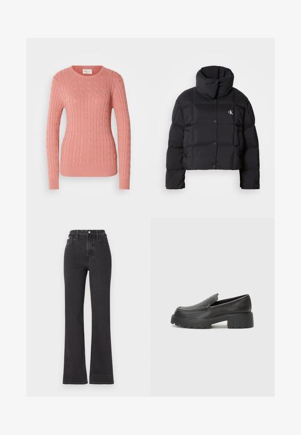 Doudoune noire au design court, avec un col montant et une fermeture à boutons. Fabriquée en matériau brillant et isolant, avec des sections matelassées.; Pull en maille torsadée de couleur rose doux, avec un col rond et des manches longues. Le motif texturé ajoute de la profondeur. Marque discrète sur la poitrine.; Jean noir taille haute évasé en denim, avec fermeture à bouton, passants de ceinture et poches latérales. Texture lisse avec un minimum de décoloration.; Mocassins en cuir noir avec un bout arrondi, une semelle épaisse et texturée, et des détails de couture minimalistes. Design épuré sans lacets ni métal visibles.