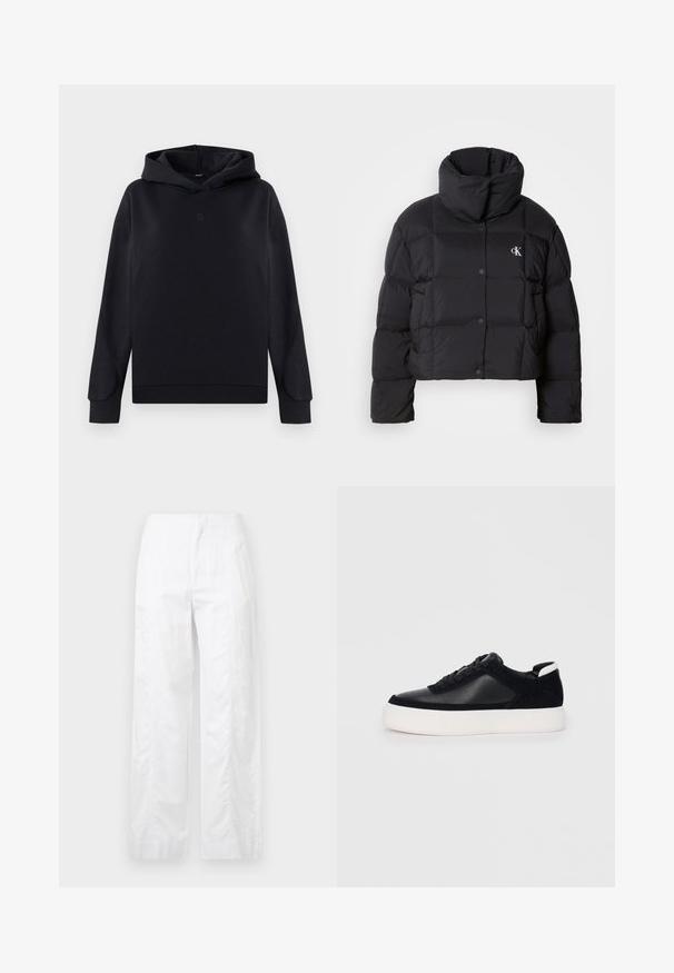 Jachetă puffer neagră cu un design scurt, guler înalt și închidere cu buton. Fabricată dintr-un material lucios și izolat, cu secțiuni matlasate.; Sweatshirt negru cu glugă, fabricat dintr-un amestec de bumbac. Are o croială lejeră, mâneci lungi și un mic logo în centru. Textură netedă.; Pantaloni albi cu croială largă, fabricați dintr-un material ușor, având o textură netedă, linii curate și un design cu talie înaltă.; Sneaker negru cu piele netedă și panouri din întăritură, șireturi plate, vârf rotund și talpă din cauciuc alb. Logo distinct pe călcâi.