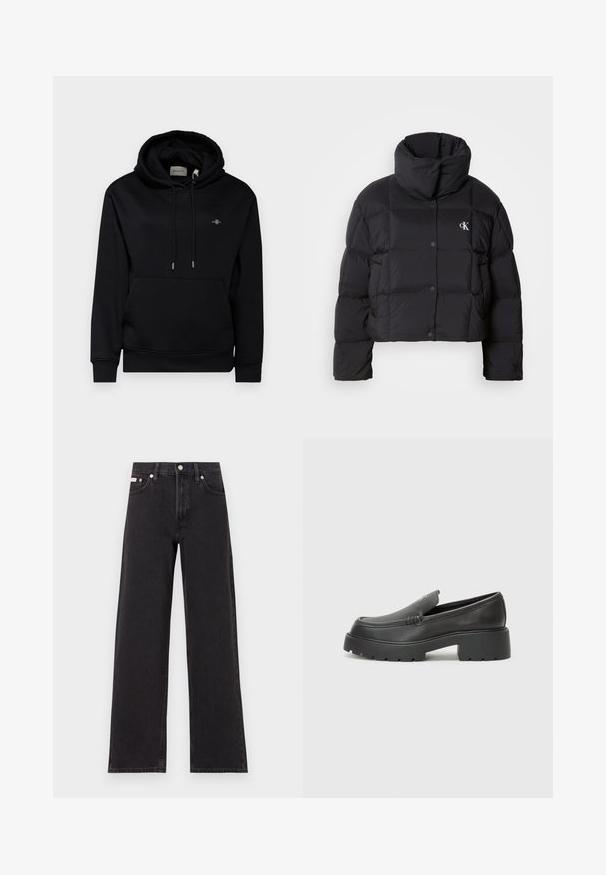 Schwarze Pufferjacke mit einem cropped Design, hohem Kragen und Knopfverschluss. Hergestellt aus glänzendem, isoliertem Material mit gesteppte Abschnitten.; Schwarzer Hoodie mit einer Vorderentasche, Kordelzügen und weichem Stoff. Besitzt ein kleines gesticktes Logo auf der Brust und gerippte Bündchen.; Schwarze weit geschnittene Jeans aus Denim mit einem hoch sitzenden Bund, fünf Taschen und einem Metallknopfverschluss mit kontrastierendem Nähte.; Schwarze Lederloafer mit einer abgerundeten Spitze, dicker strukturierten Laufsohle und minimalen Nähten. Schlankes Design ohne sichtbare Schnürsenkel oder Beschläge.