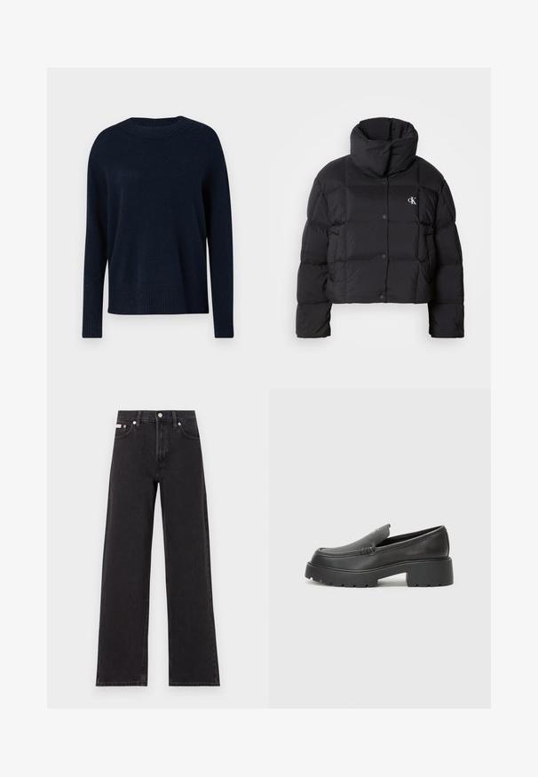 Schwarze Pufferjacke mit einem cropped Design, hohem Kragen und Knopfverschluss. Hergestellt aus glänzendem, isoliertem Material mit gesteppte Abschnitten.; Dunkelblauer Pullover aus weichem Strickstoff, mit einem gerippten Rundhalsausschnitt und langen Ärmeln, locker geschnitten und mit subtiler Textur.; Schwarze weit geschnittene Jeans aus Denim mit einem hoch sitzenden Bund, fünf Taschen und einem Metallknopfverschluss mit kontrastierendem Nähte.; Schwarze Lederloafer mit einer abgerundeten Spitze, dicker strukturierten Laufsohle und minimalen Nähten. Schlankes Design ohne sichtbare Schnürsenkel oder Beschläge.