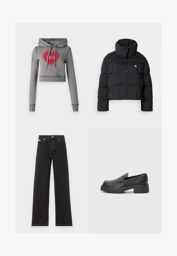 Giacca piumino nera con un design cropped, colletto alto e chiusura con bottoni. Realizzata in materiale lucido e isolato con sezioni trapuntate.; Felpa corta grigia con maniche lunghe, cappuccio con coulisse e design con cuore rosso e logo decorati con strass. Dettaglio di cuciture a contrasto.; Jeans neri a gamba larga in denim, con vita alta, styling a cinque tasche e chiusura con bottone metallico e cuciture a contrasto.; Mocassini in pelle nera con punta arrotondata, suola spessa e testurizzata, e minime cuciture. Design elegante senza lacci o parti metalliche visibili.