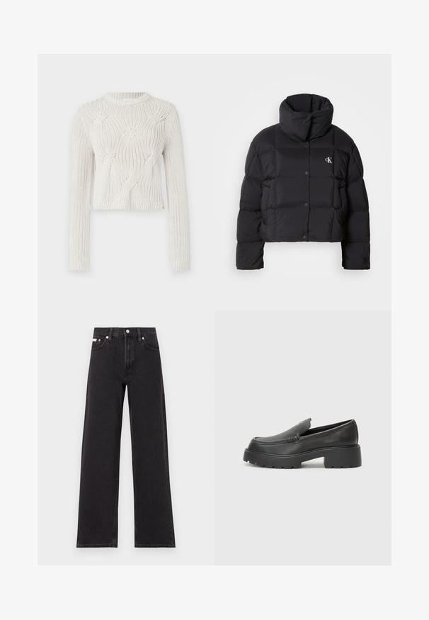 Black puffer jacket with a cropped design, high collar, and button closure. Made from glossy, insulated material featuring quilted sections.; Cream knitted sweater with a crew neck, featuring a textured wave pattern, long sleeves, and a cropped hemline.; Black wide-leg jeans made of denim, featuring a high-rise waist, five-pocket styling, and a metal button closure with contrasting stitching.; Black leather loafers with a rounded toe, thick textured sole, and minimal stitching details. Sleek design with no visible laces or hardware.