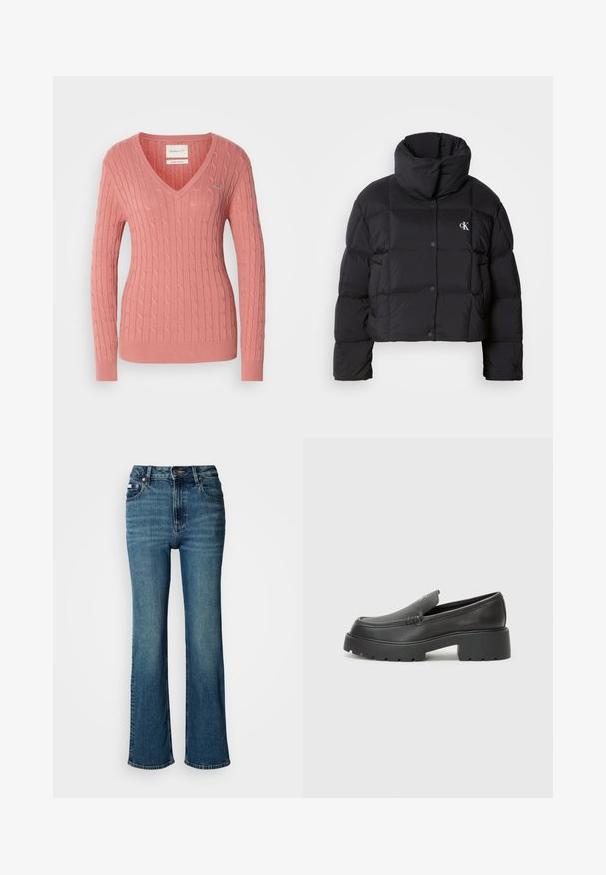 Mustat toppatakki, jossa on lyhyt malli, korkea kaulus ja nappikiinnitys. Valmistettu kiiltävästä, eristävästä materiaalista, jossa on tikatut osat.; Vaaleanpunainen V-pääntie neulepusero, joka on valmistettu teksturoituneesta neuleesta. Puserossa on köysikuvio ja ribbireunat hihoissa ja helmassa. Rinnassa pieni logoyksityiskohta.; Korkeavyötäröiset siniset farkut, jotka on valmistettu denimistä, ja joissa on suora lahje, hienovarainen haalistuminen sekä tavallinen nappi- ja vetoketjusuljenta.; Musta nahkakengät, joissa on pyöristetty kärki, paksu teksturoitu pohja ja vähäiset ompeluyksityiskohdat. Tyylikäs muotoilu, jossa ei ole näkyviä nauhoja tai metalliosia.