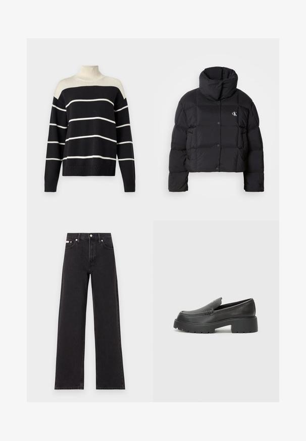 Schwarze Pufferjacke mit einem cropped Design, hohem Kragen und Knopfverschluss. Hergestellt aus glänzendem, isoliertem Material mit gesteppte Abschnitten.; Gestreifter Schwarz- und Cremefarbener Rollkragenpullover mit geripptem Kragen und Bündchen. Verfügt über breite horizontale Streifen und eine lockere Passform.; Schwarze weit geschnittene Jeans aus Denim mit einem hoch sitzenden Bund, fünf Taschen und einem Metallknopfverschluss mit kontrastierendem Nähte.; Schwarze Lederloafer mit einer abgerundeten Spitze, dicker strukturierten Laufsohle und minimalen Nähten. Schlankes Design ohne sichtbare Schnürsenkel oder Beschläge.