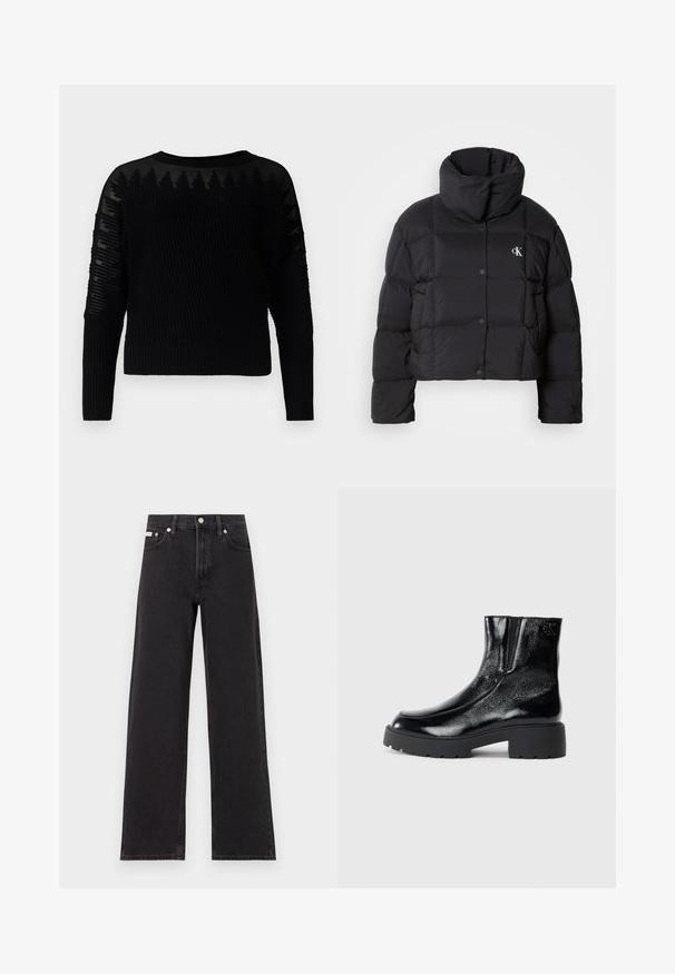 Juodas pūkinis švarkas su trumpu dizainu, aukštu apykakle ir mygtukų uždarymu. Pagamintas iš blizgios, šiltos medžiagos, turinčios siūtas dalis.; Juodas megztinis su raštuota tekstūra ir permatomomis akcentais ant rankovių. Apvalus kaklas ir ilgomis rankovėmis, turintis trumpą dizainą.; Juodos plačios kojų džinsai, pagaminti iš džinsinio audinio, su aukštu liemeniu, penkių kišenių stiliumi ir metaline sagte su kontrastingo siuvimo detalėmis.; Juodi kulkšniniai batai su blizgia lakuota oda, storu juodu guminio pado ir pakeltu kulnu; šone yra subtilus logotipo detalė.