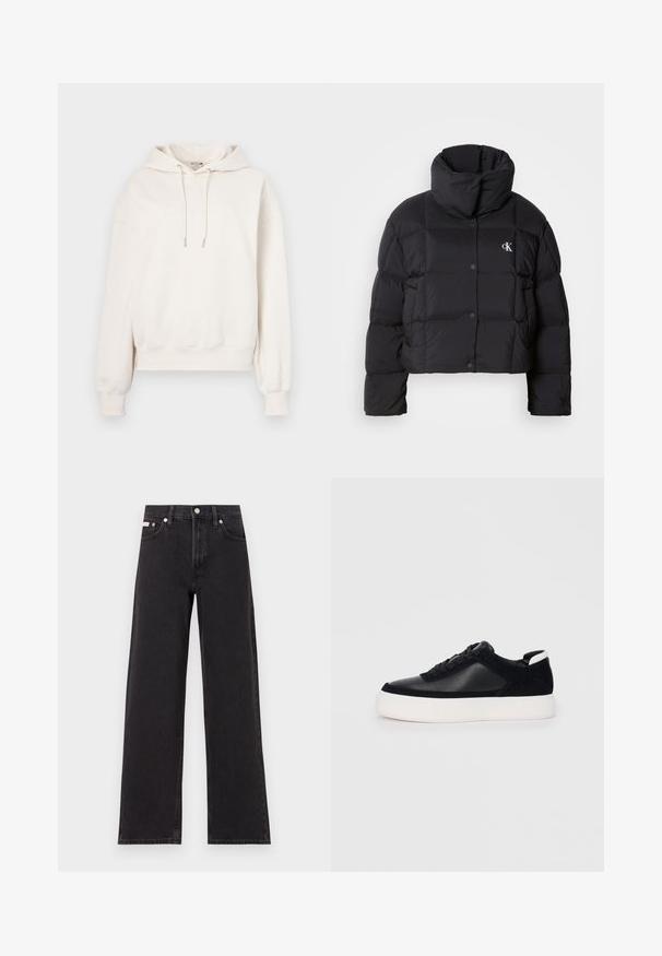 Crna puffer jakna s krojenjem na visini struka, visokim ovratnikom i kopčanjem na dugmad. Izrađena od sjajnog, izoliranog materijala s četvrtastim sekcijama.; Kremasti dukserica s kapuljačom koja ima reflektori, rebraste manžete i istisnutu oznaku s prednje strane. Izrađena od mekog materijala s opuštenim krojem.; Crne široke traperice od denima, s visokim strukom, pet džepova i metalnim zatvaranjem s kontrastnim šavovima.; Crne tenisice s glatkom kožom i panelima od antilopa, ravne vezice, zaobljenim vrhom i bijelim gumeni potplat. Izraziti logo na peti.