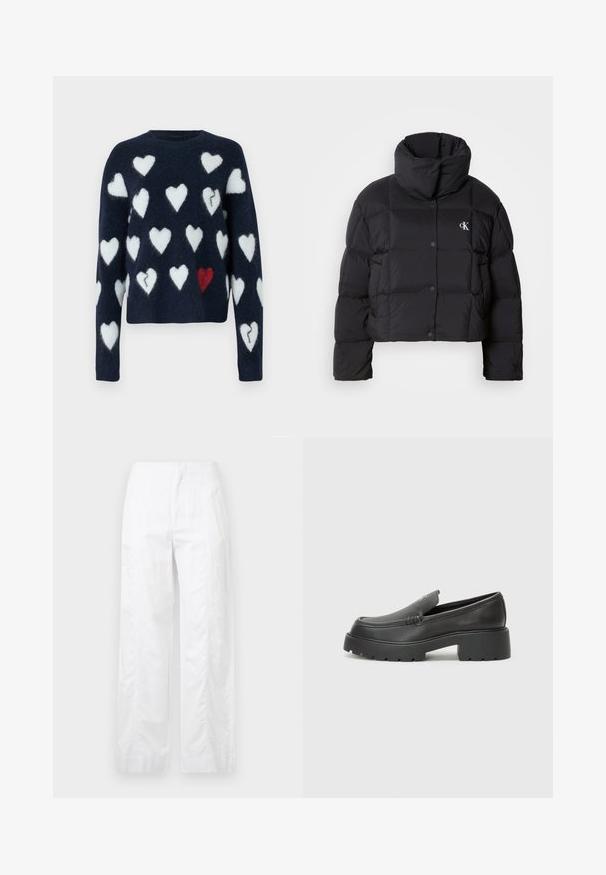 Melnā pūkainā jaka ar saīsinātu dizainu, augstu apkakli un pogu aizdari. Izgatavota no spīdīgas, izolējošas materiāla ar kviltētām daļām.; Jūras spēku džemperis no pūkaina materiāla, ar baltu un sarkanu sirds rakstu. Apaļš kakla izgriezums, garas piedurknes, īss dizains.; Baltas, plaša kāju bikses, izgatavotas no viegla auduma, ar gludu tekstūru, tīrām līnijām un augstu jostasvietu.; Melnas ādas mokasīni ar noapaļotu purngalu, biezs teksturēts zoles un minimālas dūriena detaļas. Gluds dizains bez redzamām auklām vai metāla elementiem.