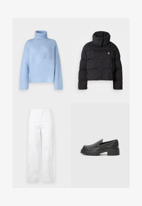 Fekete puffertáska, rövidített fazonnal, magas gallérral és gombos záródással. Fényes, szigetelt anyagból készült, steppelt részekkel.; Világoskék, bordázott textúrájú garbó pulóver, hosszú ujjal és laza szabással, széles, strukturált gallérral a nyaknál.; Fehér, széles szárú nadrág könnyű anyagból, sima textúrával, letisztult vonalakkal és magasderék kialakítással.; Fekete bőr loafer cipők kerek orral, vastag, texturált talppal és minimális varrási részletekkel. Áramvonalas dizájn, látható fűzők vagy fém részek nélkül.