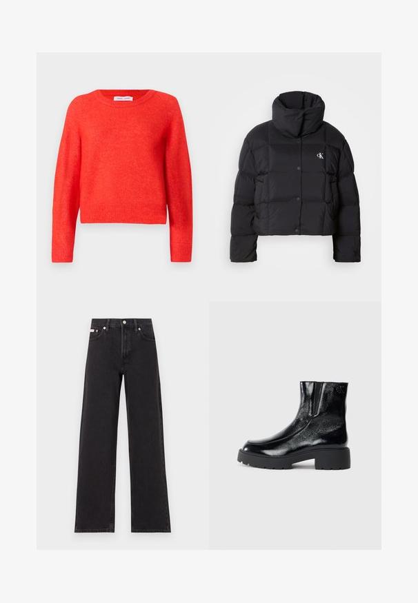 Casaco puffer preto com um design cropped, gola alta e fecho de botão. Feito de material brilhante e isolante, apresentando seções acolchoadas.; Suéter vermelho, curto, feito de material suave. Gola redonda, mangas longas e detalhes de bainha canelada. Superfície ligeiramente texturizada.; Jeans de perna larga pretos feitos de denim, apresentando uma cintura alta, estilo de cinco bolsos e um fecho em botão de metal com costura contrastante.; Botas de tornozelo pretas com acabamento em pele envernizada brilhante, sola de borracha preta robusta e salto elevado; inclui um detalhe discreto do logótipo na lateral.