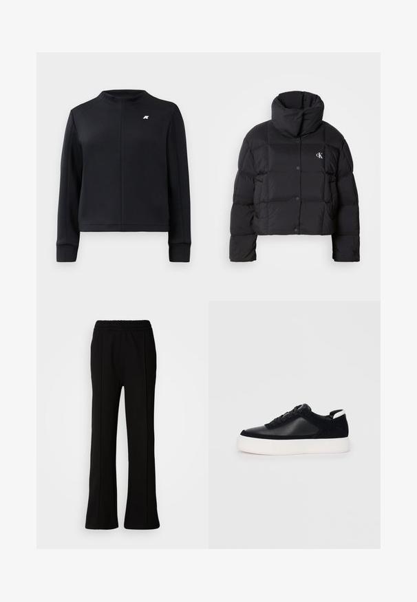 Jachetă puffer neagră cu un design scurt, guler înalt și închidere cu buton. Fabricată dintr-un material lucios și izolat, cu secțiuni matlasate.; Hanorac negru cu guler înalt, mâneci lungi și un design ajustat. Prezintă un logo mic pe piept și un material texturat.; Pantaloni negri cu talie elastică, cu un design evazat, prezentând linii curate și fără embellismente vizibile. Fabricate dintr-un material neted și elastic.; Sneaker negru cu piele netedă și panouri din întăritură, șireturi plate, vârf rotund și talpă din cauciuc alb. Logo distinct pe călcâi.
