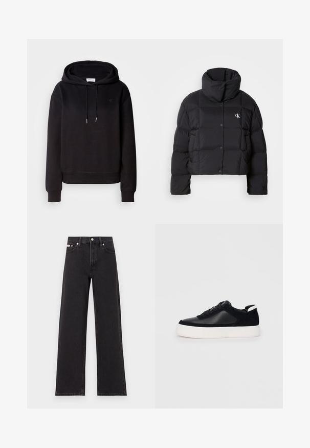 Casaco puffer preto com um design cropped, gola alta e fecho de botão. Feito de material brilhante e isolante, apresentando seções acolchoadas.; Sweatshirt preto com capuz, de corte largo, cordão e logótipo bordado no peito. Tecido suave e punhos e bainha canelados.; Jeans de perna larga pretos feitos de denim, apresentando uma cintura alta, estilo de cinco bolsos e um fecho em botão de metal com costura contrastante.; Sapatilha preta com painéis de pele lisa e camurça, atacadores planos, bico arredondado e sola de borracha branca. Logótipo distinto no calcanhar.