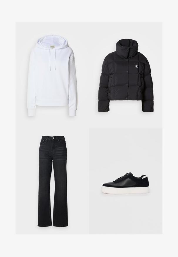 Svart pufferjakke med en cropped design, høy krage og knappelukking. Laget av glossy, isolert materiale med kviltede seksjoner.; Hvit hettegenser laget av mykt stoff, med snor i hetten, ribbestrikkede mansjetter og kant, samt en brodert logo på brystet.; Sorte denim vide bukser med høj talje, fem-lomme design og sølv metalknap. Stoffer har en glat tekstur og let stræk.; Svart sneakers med glatt skinn og semsket skinnpaneler, flate snørebånd, rund tå og hvit gummisåle. Distinkt logo på hælen.