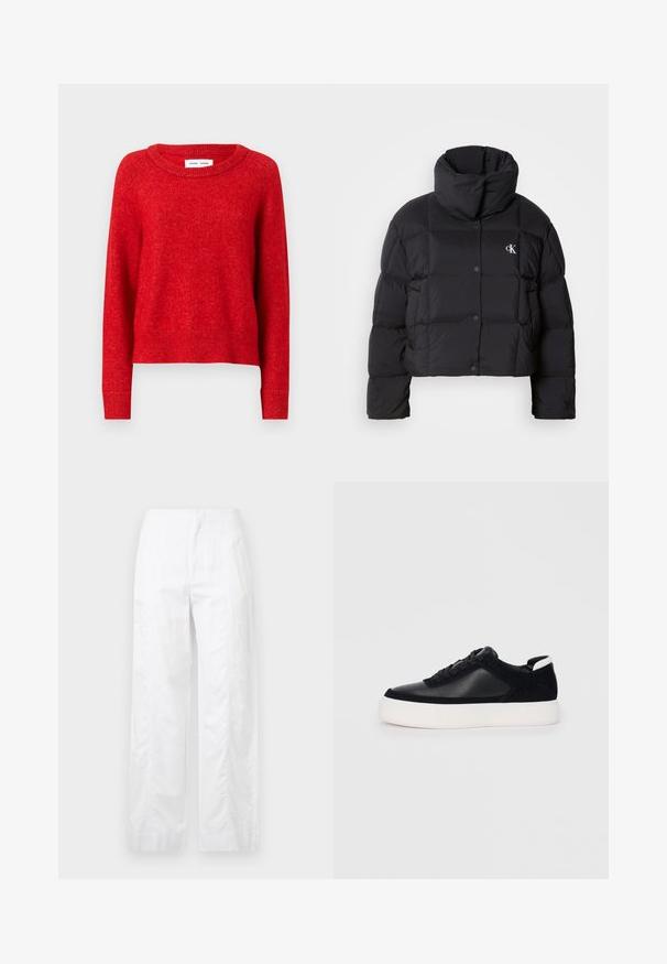 Melnā pūkainā jaka ar saīsinātu dizainu, augstu apkakli un pogu aizdari. Izgatavota no spīdīgas, izolējošas materiāla ar kviltētām daļām.; Sarkans adīts džemperis ar apaļu kakla izgriezumu, ar garām piedurknēm un ribotām aprocēm. Materiāls izskatās mīksts un strukturēts ar nedaudz brīvu piegriezumu.; Baltas, plaša kāju bikses, izgatavotas no viegla auduma, ar gludu tekstūru, tīrām līnijām un augstu jostasvietu.; Melnas sporta kurpes ar gludu ādu un zamša paneļiem, plakaniem šņorēm, noapaļotu pirkstu daļu un baltu gumijas zolīti. Izteikts logo uz papēža.