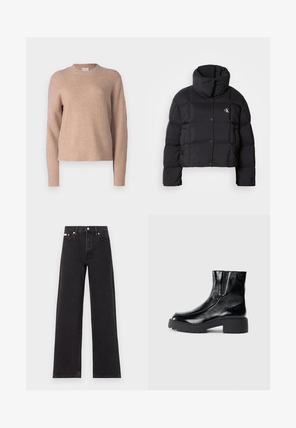 Schwarze Pufferjacke mit einem cropped Design, hohem Kragen und Knopfverschluss. Hergestellt aus glänzendem, isoliertem Material mit gesteppte Abschnitten.; Helles rosa gestricktes Sweater mit gerippter Textur, Rundhalsausschnitt und langen Ärmeln. Einfaches Design ohne Muster oder Hardwaredetails.; Schwarze weit geschnittene Jeans aus Denim mit einem hoch sitzenden Bund, fünf Taschen und einem Metallknopfverschluss mit kontrastierendem Nähte.; Schwarze Knöchelstiefel mit glänzender Lackleder-Oberfläche, einer kräftigen gummierten schwarzen Sohle und Absatz; mit dezentem Logodetail an der Seite.