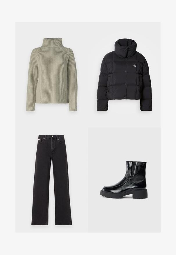 Schwarze Pufferjacke mit einem cropped Design, hohem Kragen und Knopfverschluss. Hergestellt aus glänzendem, isoliertem Material mit gesteppte Abschnitten.; Hellgrüner, gerippter Rollkragenpullover mit langen Ärmeln und lockerer Passform. Die Struktur ist aus grobem Strick und bietet einen hohen Kragen für zusätzliche Wärme.; Schwarze weit geschnittene Jeans aus Denim mit einem hoch sitzenden Bund, fünf Taschen und einem Metallknopfverschluss mit kontrastierendem Nähte.; Schwarze Knöchelstiefel mit glänzender Lackleder-Oberfläche, einer kräftigen gummierten schwarzen Sohle und Absatz; mit dezentem Logodetail an der Seite.