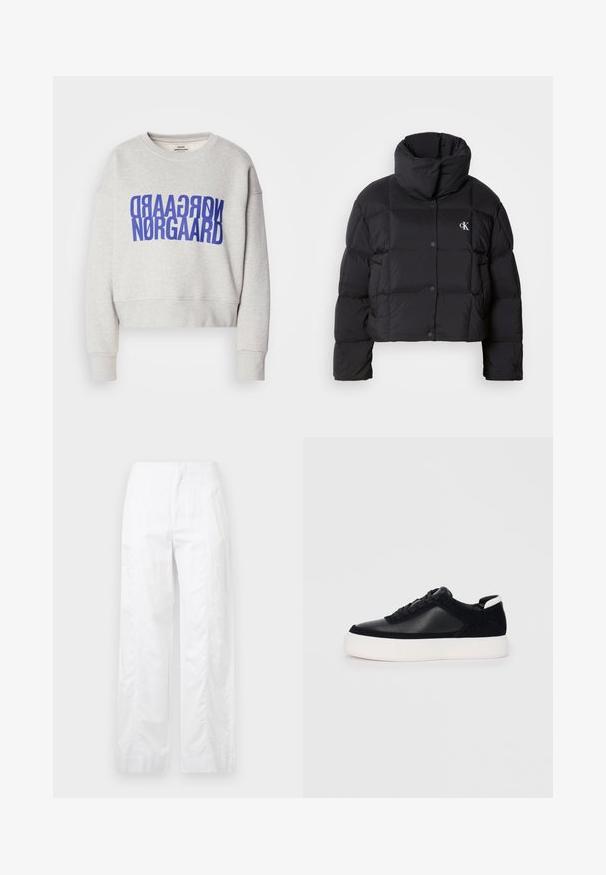 Črn napihnjen jakna s skrajšanim dizajnom, visokim ovratnikom in gumbnim zapiranjem. Narejena iz sijajnega, toplega materiala z oblečenimi odseki.; Siva skrajšana pulover s poudarjenim modrim grafičnim potiskom z besedilom "NORGAARD". Material se zdi mehak, z rebrastimi manšetami. Lahek tekstura.; Bela široka hlače iz lahkega materiala, ki se ponašajo z gladko teksturo, čistimi linijami in visokim pasom.; Črne športne copate z gladko usnjeno in semišnimi paneli, ravnimi vezalkami, zaobljenim nosom in belim gumijastim podplatom. Oznaka na peti.