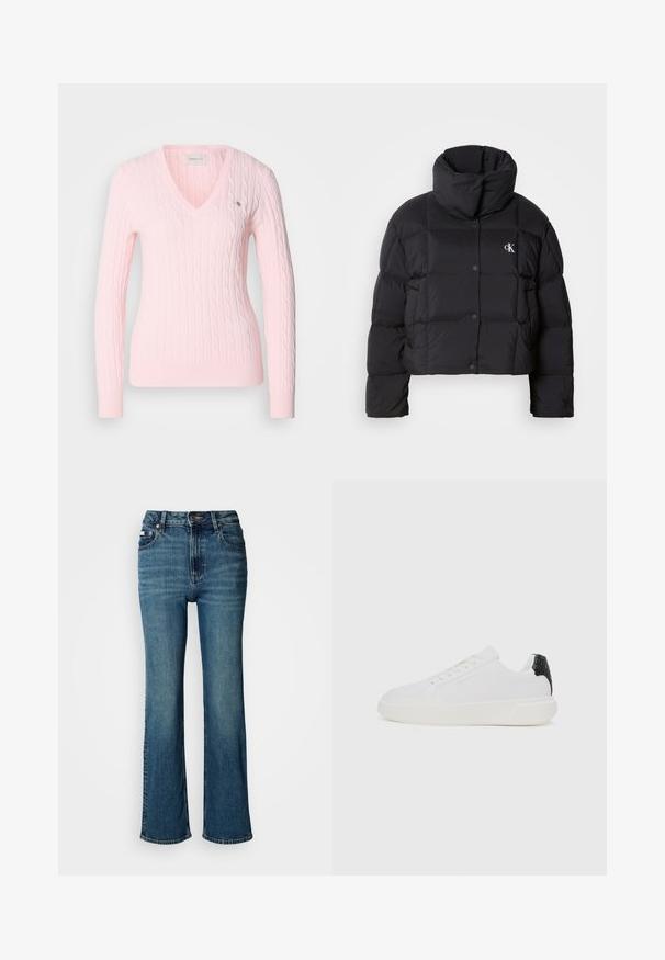Fekete puffertáska, rövidített fazonnal, magas gallérral és gombos záródással. Fényes, szigetelt anyagból készült, steppelt részekkel.; Rózsaszín kötött pulóver V nyakkal, cérnázott mintával és bordás mandzsettával. Kicsi logó a bal mellen. Puha textúra.; Magas derekú kék farmernadrág, egyenes szárú dizájnnal, enyhe kopással és normál gombos-zipzáros záródással.; Fehér sportcipők texturált fekete sarkú akcentussal, sima szövet felsőrésszel, kerek orral, lapos fehér talppal és fűzős elejével.