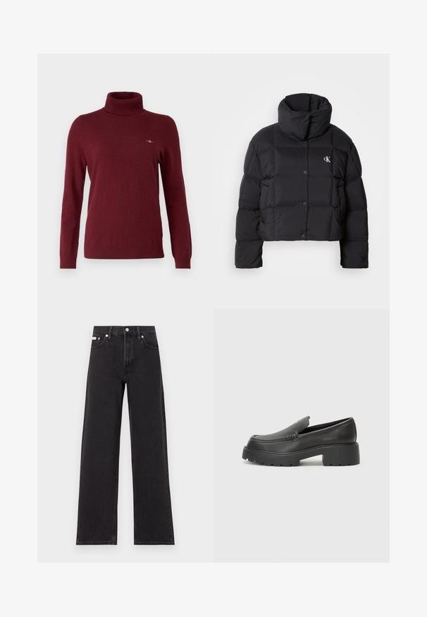 Must zwart puffer jope, mille disainiga, kõrge kaelusega ja nööpidega kinni. Valmistatud läikivast, soojust liikuvast materjalist, millel on äraotatud sektsioonid.; GANT ROLLNECK - Džemper - plumped red; Mustad laiad mustad teksad, millel on kõrge vöökoht, viie tasku stiil ja metallist nööpkinnitus kontrastsete õmblustega.; Mustad nahast loafers ümarate varvastega, paksu tekstuuriga tald ja minimaalsete õmbluse detailidega. Viimistletud disain, kus pole nähtavaid paelu ega riistu.