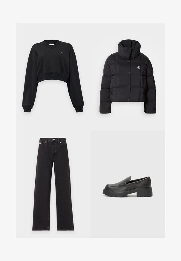 Fekete puffertáska, rövidített fazonnal, magas gallérral és gombos záródással. Fényes, szigetelt anyagból készült, steppelt részekkel.; Fekete rövidített pulóver V-kivágással, hosszú ujjakkal és bordázott aljjal. Apró hímzett logó díszíti a mellrészt. Puha szövettextúra.; Fekete, bőszárú farmernadrág, magas derekú, öt zsebes kialakítással és fém gombos záródással, kontrasztos varrással.; Fekete bőr loafer cipők kerek orral, vastag, texturált talppal és minimális varrási részletekkel. Áramvonalas dizájn, látható fűzők vagy fém részek nélkül.