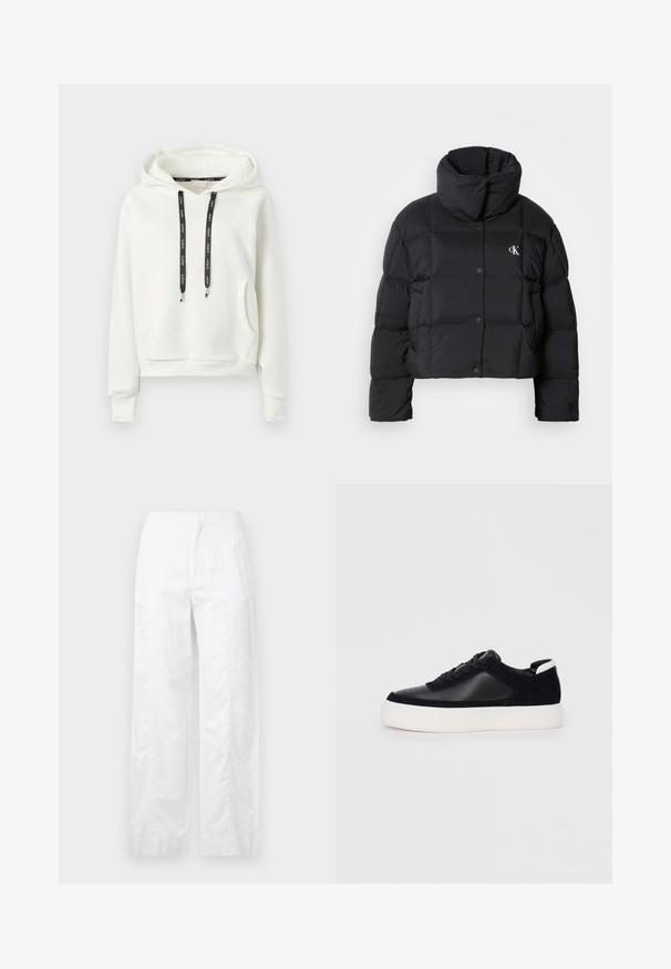 Fekete puffertáska, rövidített fazonnal, magas gallérral és gombos záródással. Fényes, szigetelt anyagból készült, steppelt részekkel.; Fehér pulóver kapucnival, elülső kenguruzsebbel és fekete húzózsinórokkal, fehér nyomtatott szöveggel.; Fehér, széles szárú nadrág könnyű anyagból, sima textúrával, letisztult vonalakkal és magasderék kialakítással.; Fekete sportcipő sima bőrből és velúr panelekkel, lapos fűzőkkel, kerek orral és fehér gumi talppal. Megkülönböztető logó a sarkán.