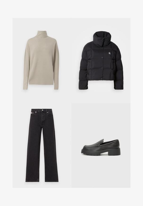 Casaco puffer preto com um design cropped, gola alta e fecho de botão. Feito de material brilhante e isolante, apresentando seções acolchoadas.; Pullover de gola alta em bege claro, feito de material de malha suave, apresenta um corte relaxado com mangas longas e uma gola alta. Sem padrões visíveis.; Jeans de perna larga pretos feitos de denim, apresentando uma cintura alta, estilo de cinco bolsos e um fecho em botão de metal com costura contrastante.; Mocassins de couro preto com bico arredondado, sola espessa e texturizada, e detalhes de costura minimalistas. Design elegante sem atacadores ou ferragens visíveis.