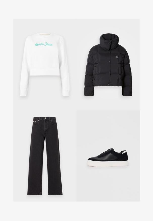 Chaqueta de plumas negra con un diseño corto, cuello alto y cierre de botones. Fabricada con material brillante e insulated que presenta secciones acolchadas.; Sudadera blanca corta con cuello redondo, que presenta el texto "Guess Jeans" en turquesa con una fuente estilizada. Tejido suave con puños acanalados.; Jeans anchos de mezclilla negros, con cintura alta, cinco bolsillos y cierre de botón metálico con costuras contrastantes.; Zapatilla negra con paneles de cuero liso y de ante, cordones planos, punta redondeada y una suela de goma blanca. Logotipo distintivo en el talón.