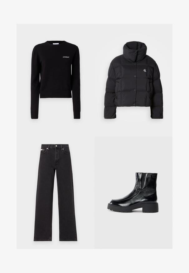 Schwarze Pufferjacke mit einem cropped Design, hohem Kragen und Knopfverschluss. Hergestellt aus glänzendem, isoliertem Material mit gesteppte Abschnitten.; Schwarzer Strickpullover mit langen Ärmeln, rundem Halsausschnitt sowie Rippabschlüssen an den Ärmeln und am Saum. Mit aufgesticktem "2ND DAY"-Logo auf der Brust.; Schwarze weit geschnittene Jeans aus Denim mit einem hoch sitzenden Bund, fünf Taschen und einem Metallknopfverschluss mit kontrastierendem Nähte.; Schwarze Knöchelstiefel mit glänzender Lackleder-Oberfläche, einer kräftigen gummierten schwarzen Sohle und Absatz; mit dezentem Logodetail an der Seite.