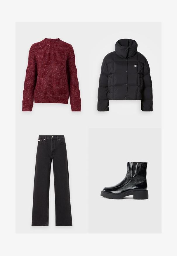 Casaco puffer preto com um design cropped, gola alta e fecho de botão. Feito de material brilhante e isolante, apresentando seções acolchoadas.; Sweater tricotado em borgonha profunda, com gola alta, mangas longas e uma superfície texturizada e canelada. Design volumoso com um corte solto.; Jeans de perna larga pretos feitos de denim, apresentando uma cintura alta, estilo de cinco bolsos e um fecho em botão de metal com costura contrastante.; Botas de tornozelo pretas com acabamento em pele envernizada brilhante, sola de borracha preta robusta e salto elevado; inclui um detalhe discreto do logótipo na lateral.