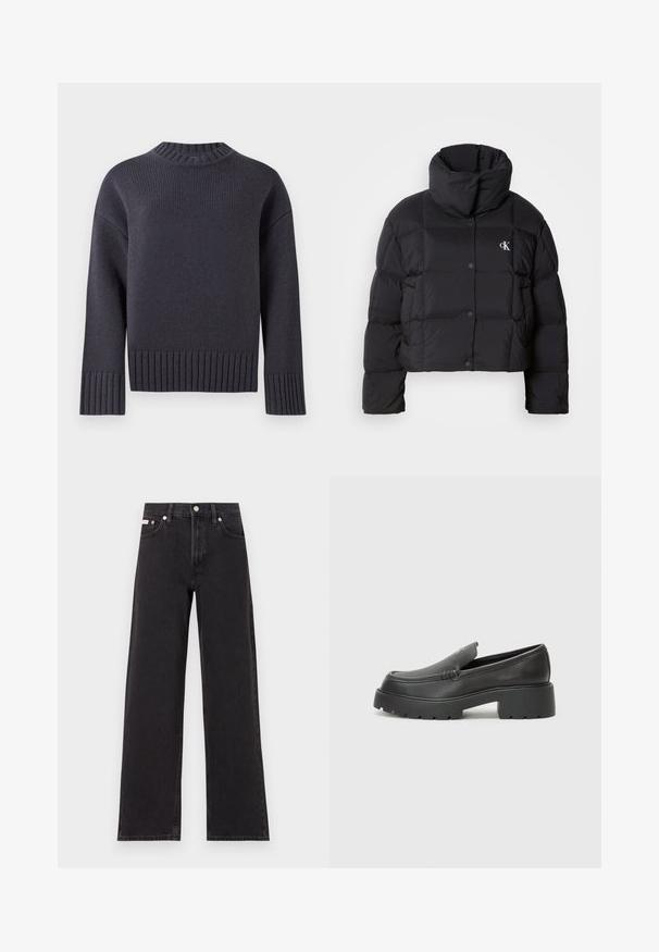 Zwarte pufferjack met een cropped ontwerp, hoge kraag en knoopsluiting. Gemaakt van glanzend, geïsoleerd materiaal met gestikte secties.; Marine blauwe gebreide trui met een hoge geribbelde halslijn en brede geribbelde mouwen en zoom. Heeft een relaxte pasvorm en textuurstof.; Zwarte wijde spijkerbroeken van denim, met een hoge taille, vijf-pocket stijl en een metalen knoopsluiting met contrasterende stiksels.; Zwarte leren instappers met een ronde neus, dikke getextureerde zool en minimale stikseldetails. Strak ontwerp zonder zichtbare veters of hardware.