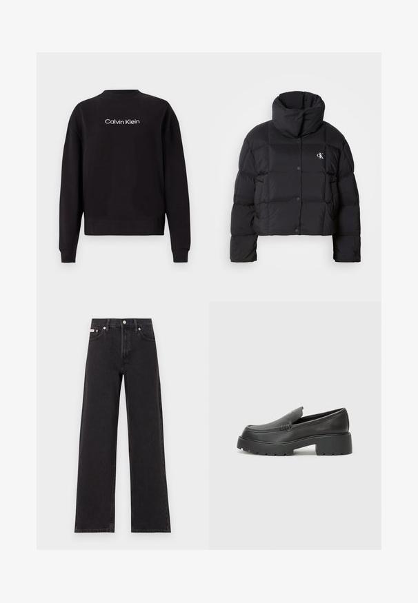 Giacca piumino nera con un design cropped, colletto alto e chiusura con bottoni. Realizzata in materiale lucido e isolato con sezioni trapuntate.; Felpa nera in cotone con colletto a girocollo a costine, maniche lunghe e logo "Calvin Klein" stampato in bianco sul petto.; Jeans neri a gamba larga in denim, con vita alta, styling a cinque tasche e chiusura con bottone metallico e cuciture a contrasto.; Mocassini in pelle nera con punta arrotondata, suola spessa e testurizzata, e minime cuciture. Design elegante senza lacci o parti metalliche visibili.