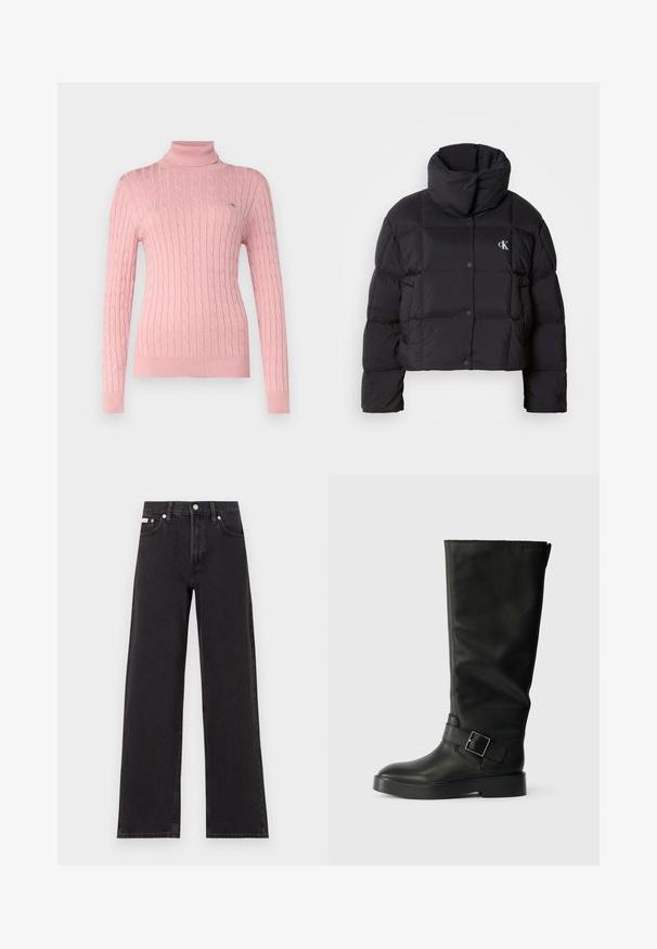 Black puffer jacket with a cropped design, high collar, and button closure. Made from glossy, insulated material featuring quilted sections.; GANT TURTLENECK - Jumper - dusty pink; Black wide-leg jeans made of denim, featuring a high-rise waist, five-pocket styling, and a metal button closure with contrasting stitching.; Black knee-high boots made of smooth leather, featuring a rounded toe, a thick sole, and a horizontal strap with a rectangular buckle detail.