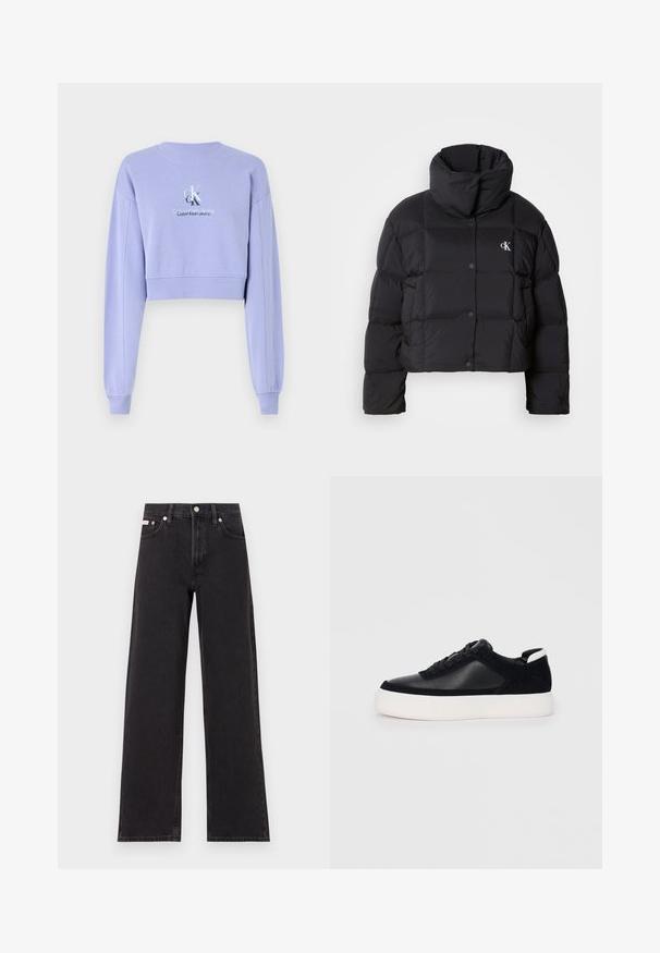 Black puffer jacket with a cropped design, high collar, and button closure. Made from glossy, insulated material featuring quilted sections.; Lilac cropped sweatshirt made of soft fabric with long sleeves, ribbed neckline, and embroidered logo detailing on the front.; Black wide-leg jeans made of denim, featuring a high-rise waist, five-pocket styling, and a metal button closure with contrasting stitching.; Black sneaker with smooth leather and suede panels, flat laces, rounded toe, and a white rubber sole. Distinct logo on the heel.