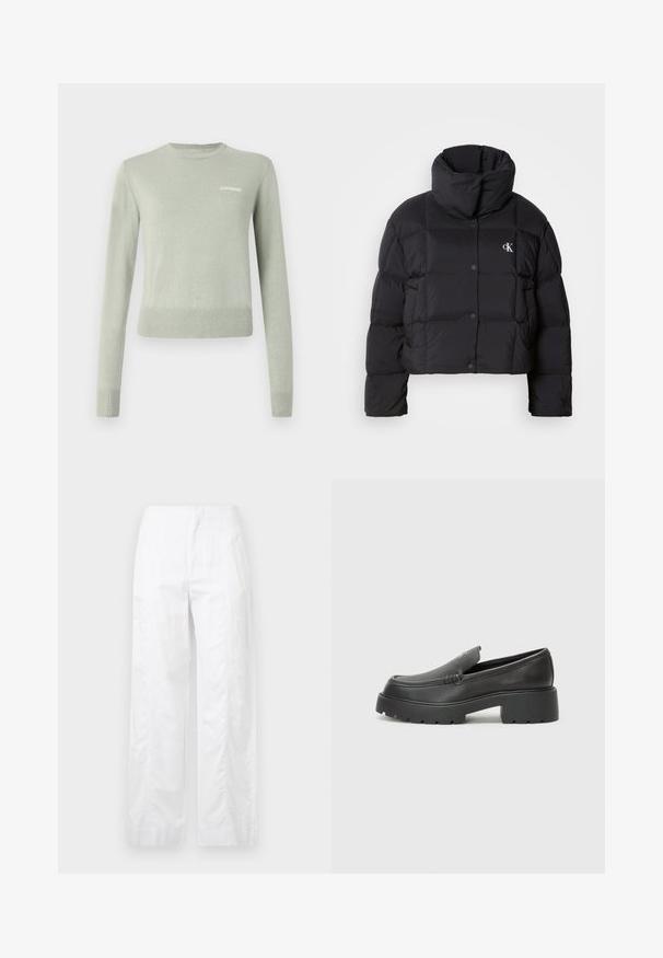Melnā pūkainā jaka ar saīsinātu dizainu, augstu apkakli un pogu aizdari. Izgatavota no spīdīgas, izolējošas materiāla ar kviltētām daļām.; Gaiši zaļš adīts džemperis ar garām piedurknēm, apaļu kakla izgriezumu un ribotām piedurknēm un apakšmalu. Uz krūtīm ir balts izšūts logo.; Baltas, plaša kāju bikses, izgatavotas no viegla auduma, ar gludu tekstūru, tīrām līnijām un augstu jostasvietu.; Melnas ādas mokasīni ar noapaļotu purngalu, biezs teksturēts zoles un minimālas dūriena detaļas. Gluds dizains bez redzamām auklām vai metāla elementiem.