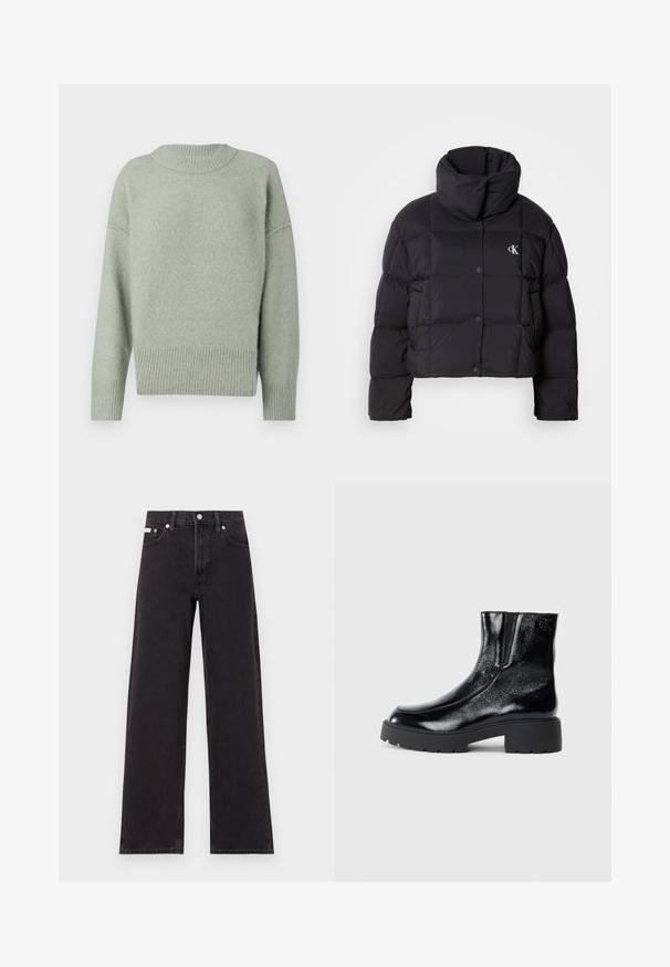 Jachetă puffer neagră cu un design scurt, guler înalt și închidere cu buton. Fabricată dintr-un material lucios și izolat, cu secțiuni matlasate.; Pulover tricotat de culoare verde deschis, cu guler și tiv cu model în relief. Prezintă umeri căzuți și mâneci lungi. Textură moale cu un luciu subtil.; Jeanși negri cu picioare largi, fabricați din denim, cu talie înaltă, stil cu cinci buzunare și închidere cu nasture metalic, cu cusături contrastante.; Botine negre până la gleznă, cu un finisaj de piele lacuită strălucitoare, talpă de cauciuc neagră masivă și toc înălțat; include detalii subtile cu logo pe lateral.