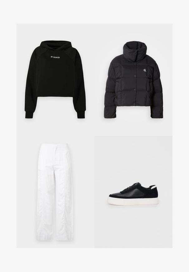 Fekete puffertáska, rövidített fazonnal, magas gallérral és gombos záródással. Fényes, szigetelt anyagból készült, steppelt részekkel.; Fekete, rövid fazonú kapucnis pulóver húzózsinóros kapucnival, fehér "PINKO" logóval a mellrészen. Puha anyagból készült, bordás mandzsettákkal.; Fehér, széles szárú nadrág könnyű anyagból, sima textúrával, letisztult vonalakkal és magasderék kialakítással.; Fekete sportcipő sima bőrből és velúr panelekkel, lapos fűzőkkel, kerek orral és fehér gumi talppal. Megkülönböztető logó a sarkán.