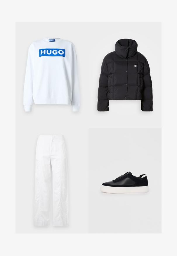 Must zwart puffer jope, mille disainiga, kõrge kaelusega ja nööpidega kinni. Valmistatud läikivast, soojust liikuvast materjalist, millel on äraotatud sektsioonid.; Valge puuvillasegusest kangast pusa, mille esiküljel on sinine "HUGO" logo, ümar kaelus ning soonikained ja -äär.; Valged laiad püksid, mis on valmistatud kergetest materjalidest, omades siledat tekstuuri, puhtaid jooni ja kõrget vöökohta.; Mustad mustad spordijalanõud siledast nahast ja sametist paneelidega, lame nööriga, ümar varvas ja valge kummist tallaga. Erakordne logo kontsas.