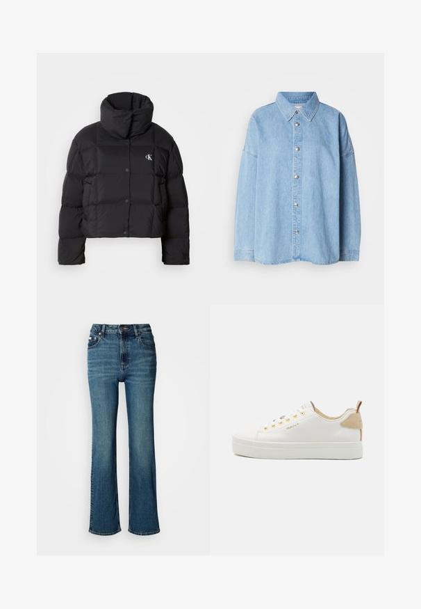 Must zwart puffer jope, mille disainiga, kõrge kaelusega ja nööpidega kinni. Valmistatud läikivast, soojust liikuvast materjalist, millel on äraotatud sektsioonid.; Heleheles sinine teksashirt nööpidega esiosal, avatud krae ja pikad varrukad, metallnőöpidega ning lõdva lõikega.; Kõrge vöökohaga sinised teksad, mis on valmistatud denimist, sirge jalaga disain, kerge pleekimine ning tavaline nööp ja tõmblukk.; Valged nahast spordi jalanõud tekstureeritud kummitaldadega, kuldsed silmused ja beež aktsent kontsal. GANT logo küljes.