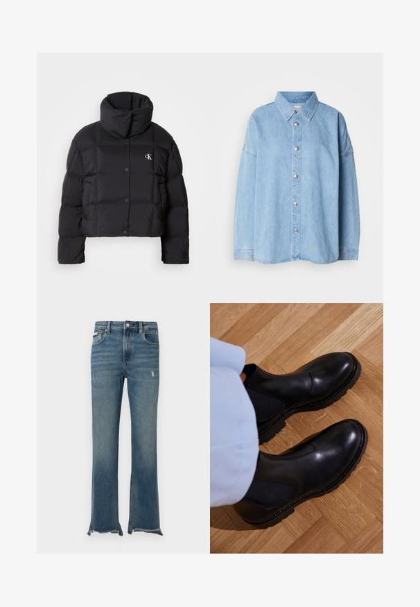Casaco puffer preto com um design cropped, gola alta e fecho de botão. Feito de material brilhante e isolante, apresentando seções acolchoadas.; Camisa de ganga azul-claro com botão na frente, colarinho espalhado e mangas longas, apresentando botões de metal e um design de corte descontraído.; Calças de ganga azuis com ligeiros desgastes, bainhas cruas desfiadas, bolsos frontais, passadores para cinto e fecho com botão.; Botas de tornozelo pretas feitas de couro liso, com painéis laterais elásticos, uma sola de borracha texturizada e costura em contraste ao longo da beira.