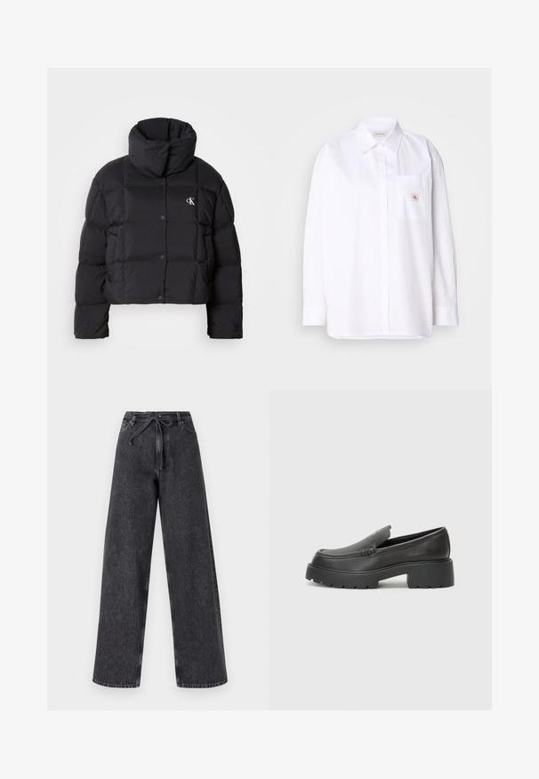 Svart puffy-jacka med en cropped design, hög krage och knappstängning. Tillverkad av glänsande, isolerat material med quiltade sektioner.; Vit bomullsskjorta med knappar och långa ärmar, en bröstficka och en liten CK-logotyp patch på fickan. Slät textur och skräddarsydd passform.; Höga, vida svart denimjeans med dragsko-stängning. Har en urtvättad textur och subtila sömnadsdetaljer.; Svarta läderloafers med rund tå, tjockt strukturerat såle och minimala sömnadsdetaljer. Snygg design utan synliga snören eller beslag.