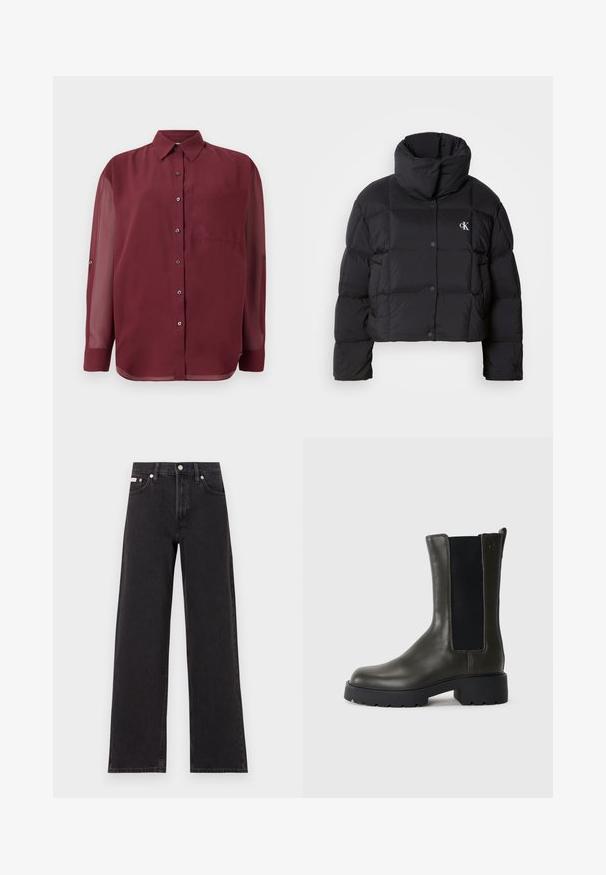 Sort pufferjakke med cropped design, høj krave og knaplukning. Fremstillet af glansfuldt, isoleret materiale med quiltede sektioner.; Bordeaux knap-down skjorte med spidse kraver, lange gennemsigtige ærmer, en brystlomme og sølvfarvede knapper. Glat stofstruktur.; Sorte vidde jeans lavet af denim, med høj talje, fem-lomme stil og en metalknap lukning med kontrasterende syninger.; Grøn læder ankelstøvle med elastiske sidepaneler, rund tå og gummisål. Har en struktureret overflade og en blokhæl.