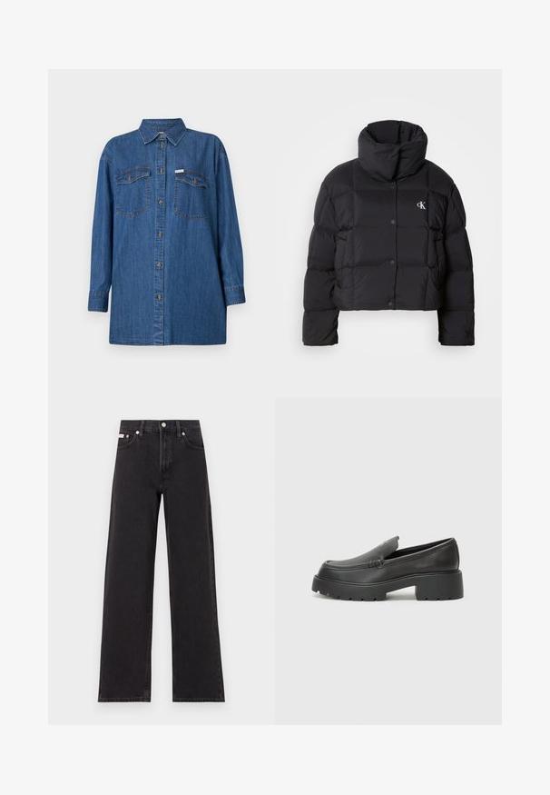 Juodas pūkinis švarkas su trumpu dizainu, aukštu apykakle ir mygtukų uždarymu. Pagamintas iš blizgios, šiltos medžiagos, turinčios siūtas dalis.; Denimo marškiniai, ilgomis rankovėmis, šviesiai mėlyni, su dviem krūtinės kišenėmis, mygtukų užsegimas priekyje, klasikinis apykaklė, tekstūruota medžiaga, laisvas kirpimas.; Juodos plačios kojų džinsai, pagaminti iš džinsinio audinio, su aukštu liemeniu, penkių kišenių stiliumi ir metaline sagte su kontrastingo siuvimo detalėmis.; Juodi odiniai loaferiai su apvaliu pirštu, storu tekstūruotu padu ir minimaliu siūlių dekoru. Išskirtinis dizainas be matomų raištelių ar furnitūros.